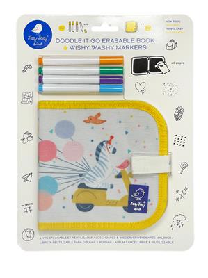Jaq Jaq Bird: MINI DOODLE IT & GO ZEBRE & 4 Wishy Washy Markers 28x21x2,5cm, cahier ardoise (15x15cm) avec 8 pages, effaçable, en blister, 3+