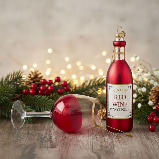 Botella y copa de vino tinto con forma de bola navideña