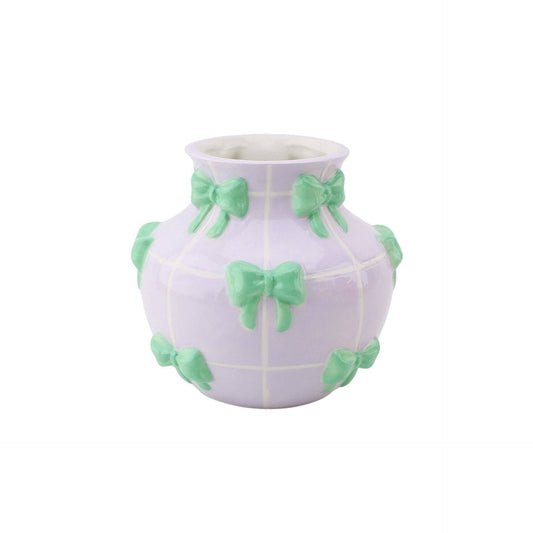 Jarrón - Jarrón de flores con lazo - Lila/Menta - 14,5 x 14,5 x 13 cm