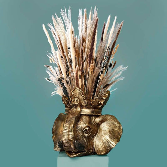 Vaso gigante em forma de elefante, dourado.