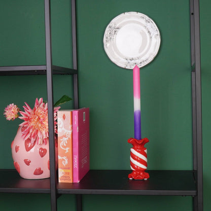 Bougeoir - Bonbon Toffee - Céramique - Rouge/Blanc - 7,5x7,5x13 cm