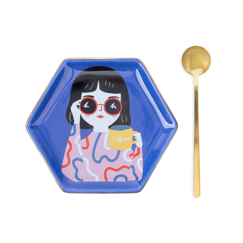 Conjunto de taça e caneca hexagonal “Miss Caffeine”