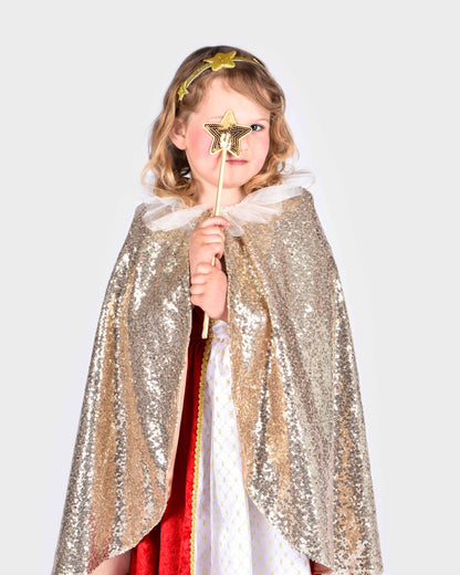 Cape dorée à sequins avec serre-tête et baguette magique 3-8 ans