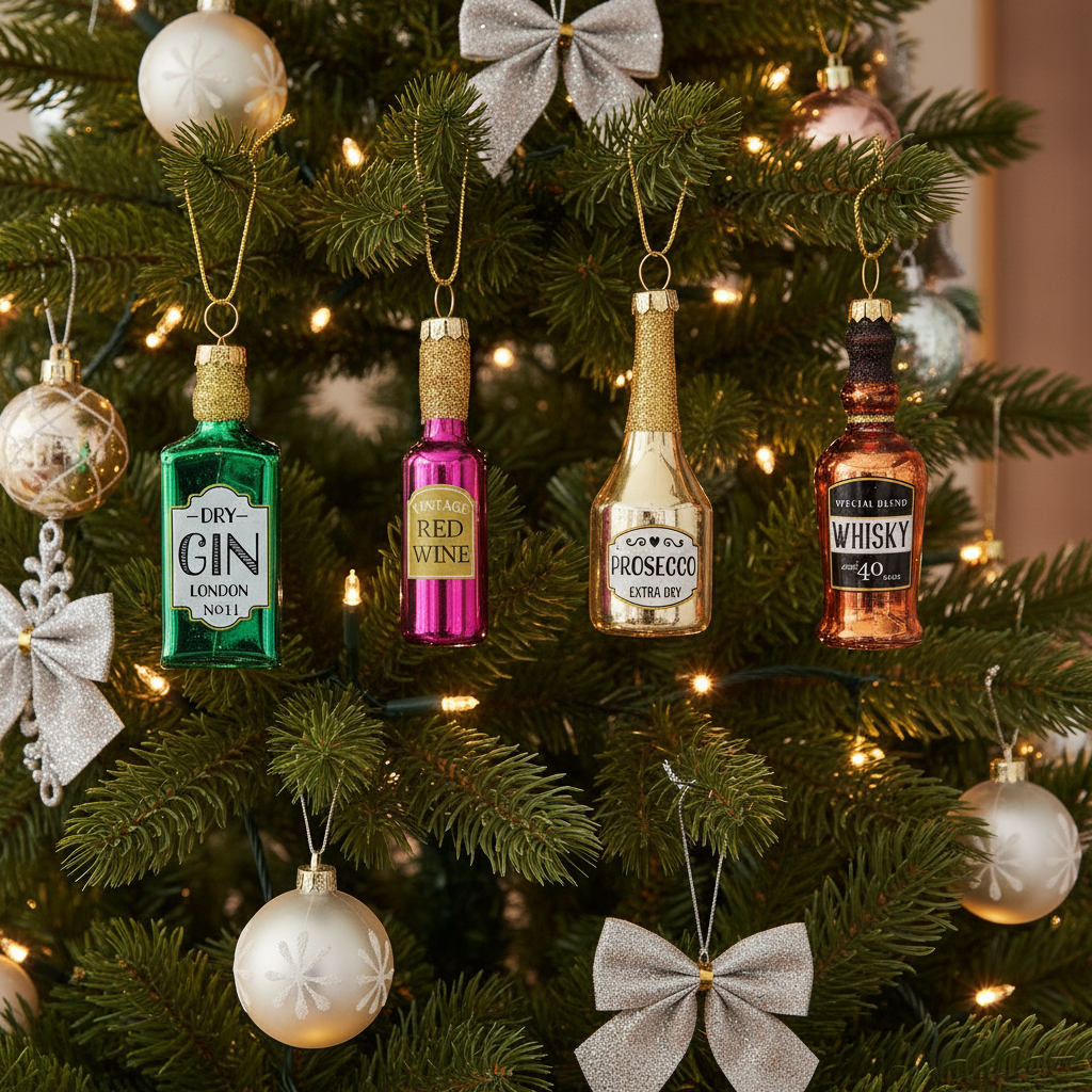 Botella de alcohol con forma de bolas navideñas