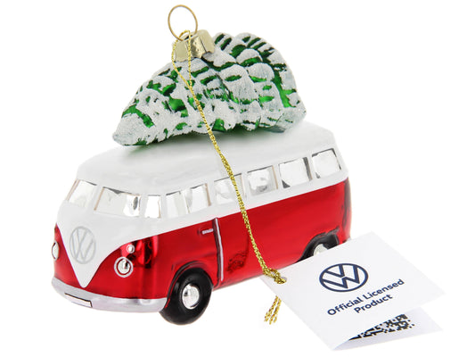 Decoración navideña de furgoneta VW T1 roja y blanca con árbol de Navidad