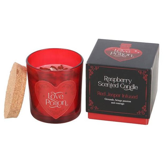 Vela de cristal de jaspe rojo con aroma a frambuesa "Poción de amor" para San Valentín