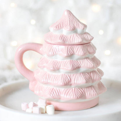 taza rosa con forma de árbol de Navidad