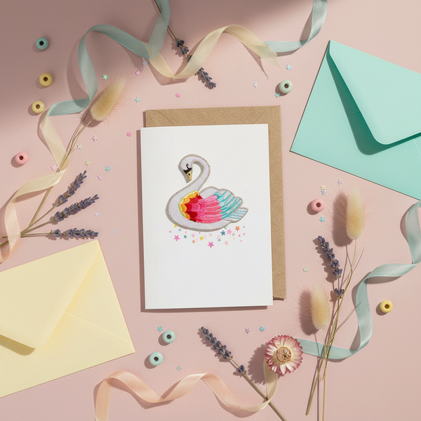 Biglietto d'auguri con toppa - Cigno arcobaleno