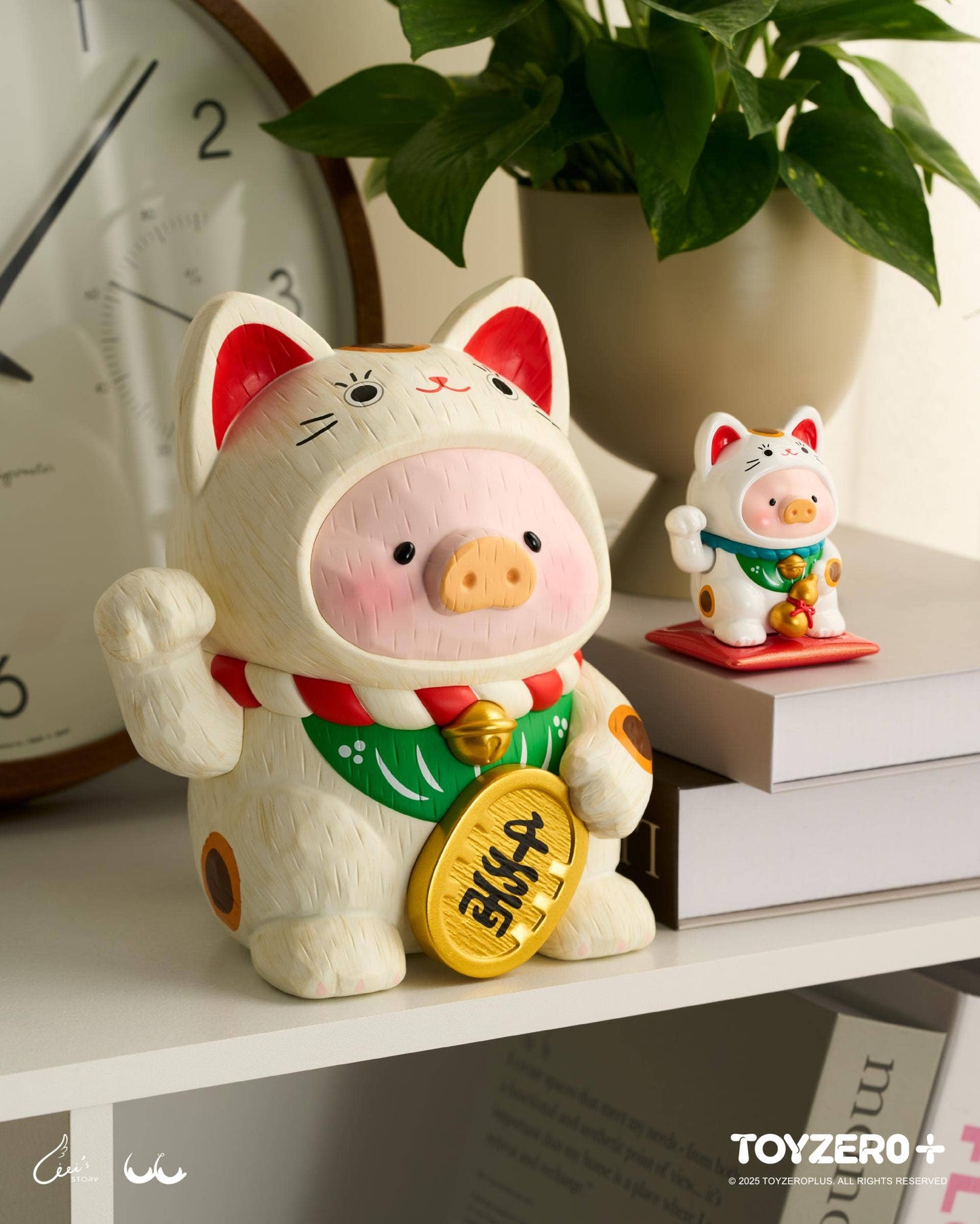 LuLu le Cochonnet - Maneki Lu (chat calico) — sculpture en bois 18cm