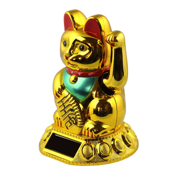 Chat chanceux solaire doré 10,5cm