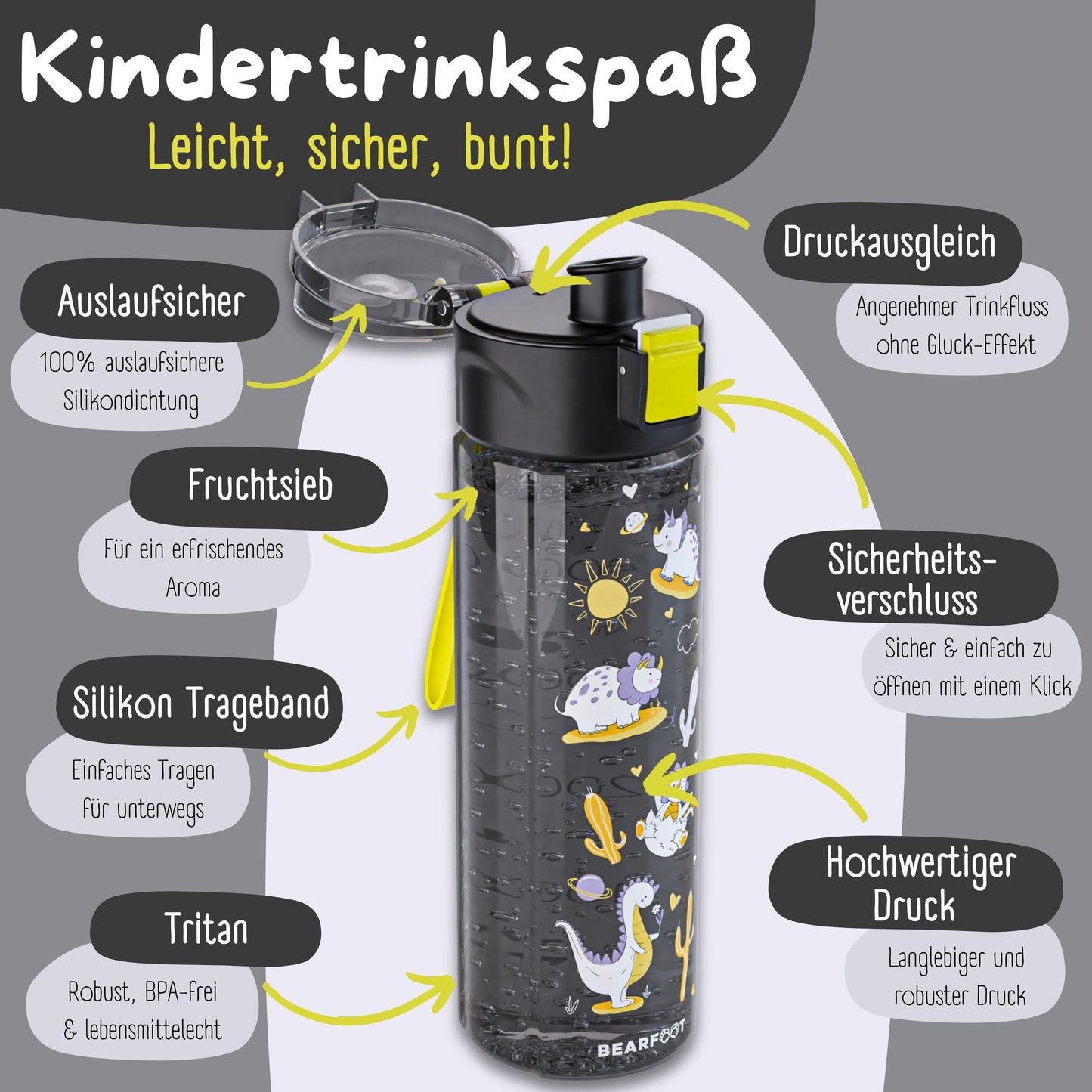 Children's drinking bottle, 500ml, lightweight - Dinosaurs-black