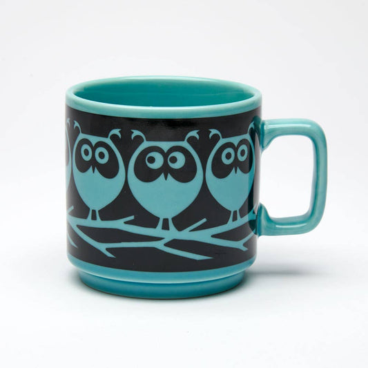 Magpie x Hornsea mug with owl on branch design, teal