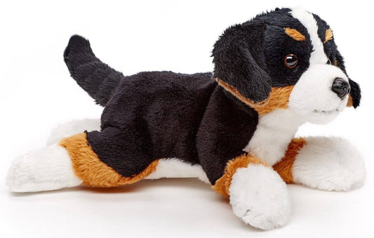 Brinquedo de peluche para cão da raça Bernese Mountain Dog reclinado