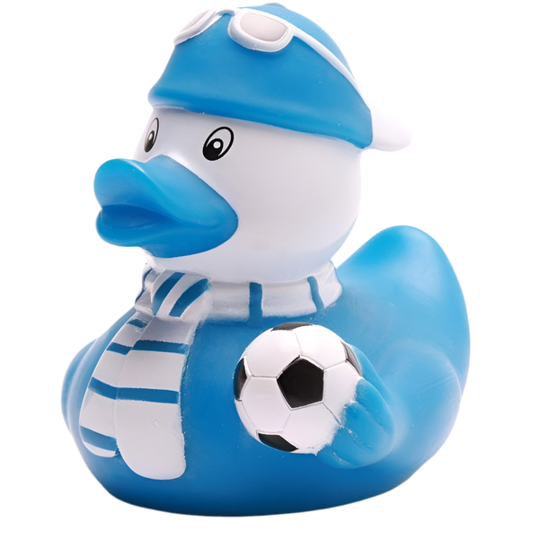 Blauwe voetbalsupporter eend