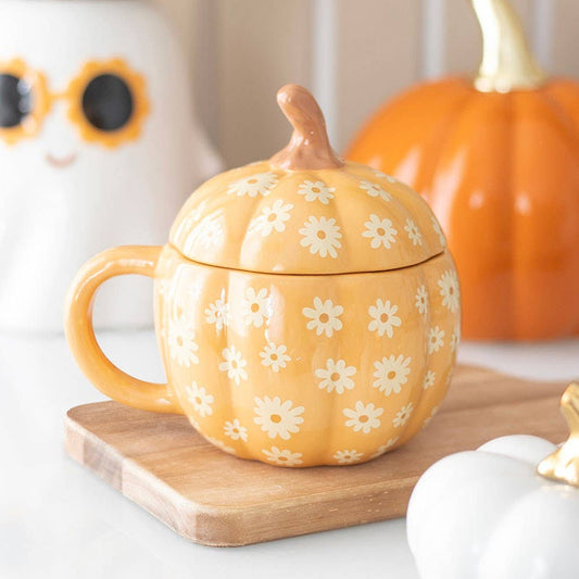 Pumpkin floral pattern mug with lid