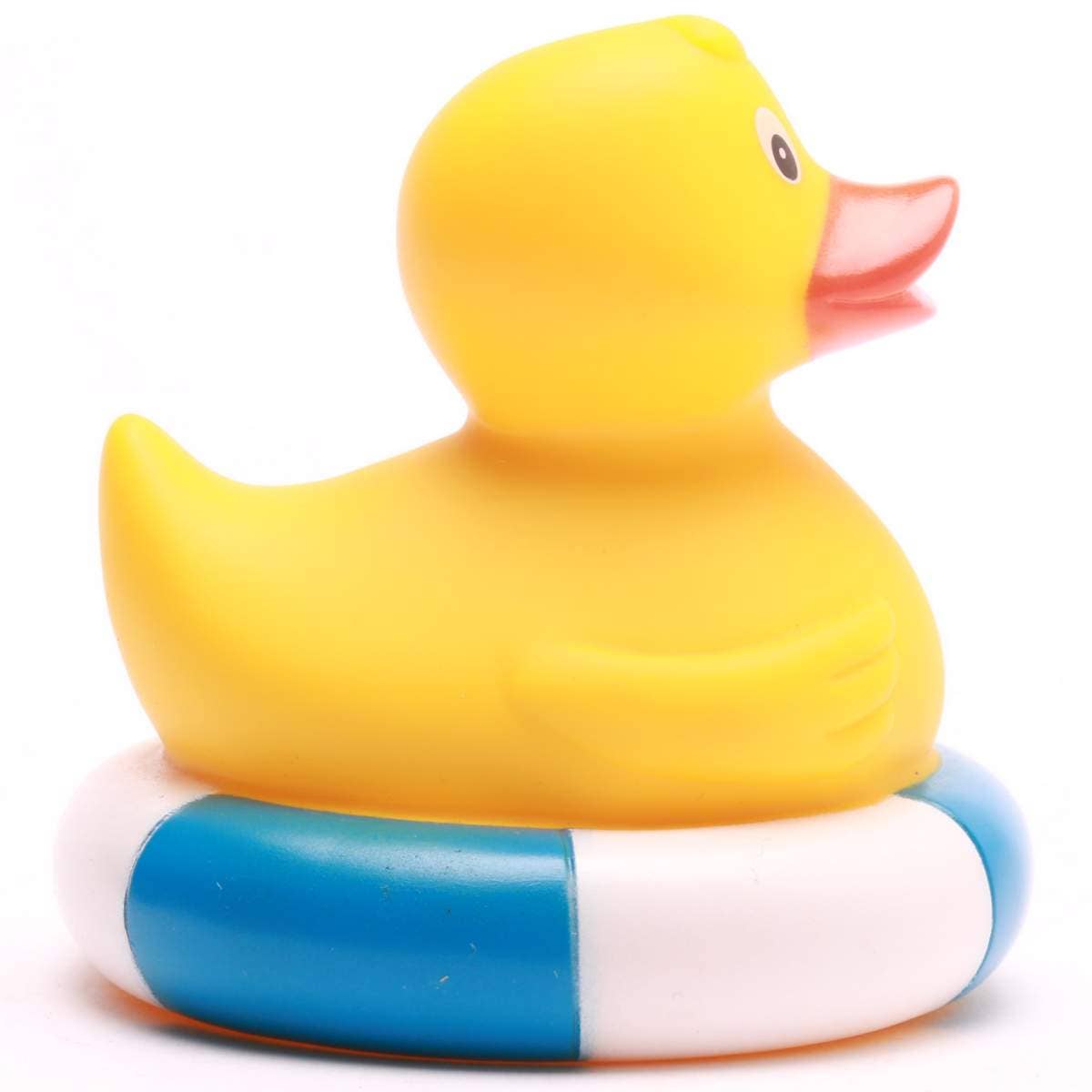 canard de bain dans une bouee bleu