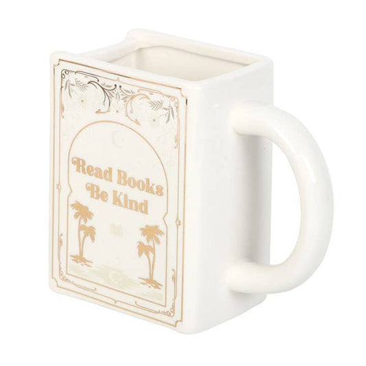 Read books, be kind. White book-shaped mug