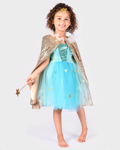 Cape dorée à sequins avec serre-tête et baguette magique 3-8 ans