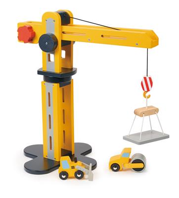 Mentari Véhicules: GRUE avec 2 VOITURES DE CONSTRUCTION 37x20,5x34,5cm, en bois, en boîte, 3+