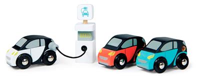 Tender Leaf Transport: SET DE VOITURES ECO 15x7x8cm, set de 3 voitures électriques et une unité de charge, en bois, en boîte, 18m+