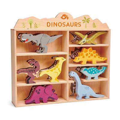 Tender Leaf Animaux: SET ANIMAUX DE BOIS DINOSAURS (1pc de chaque), avec t-rex, velociraptor, parasaurolophus, triceratops, pterodactyl, stegosaurus, ankylosaurus, bronotsaurus et une étagère en bois, en bois, en boîte 37,7x7,7x27,8cm, 3+