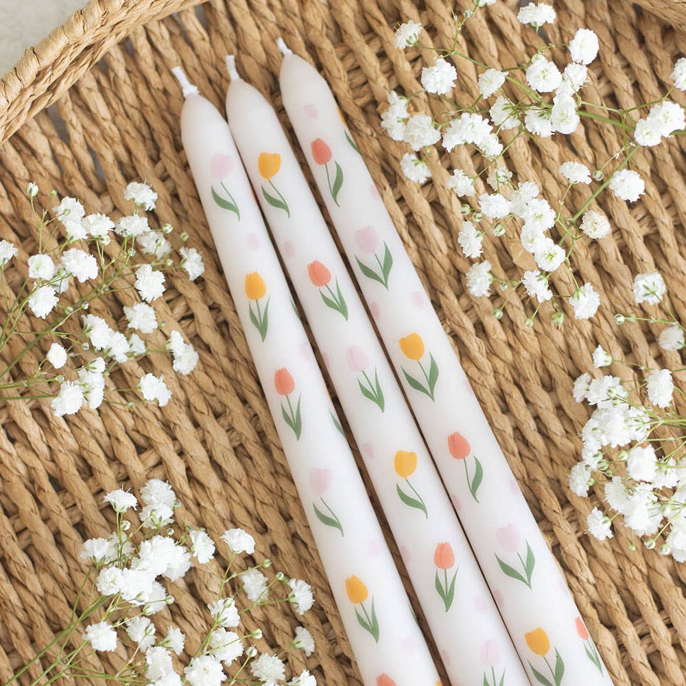 Juego de 3 velas cónicas con estampado de tulipanes