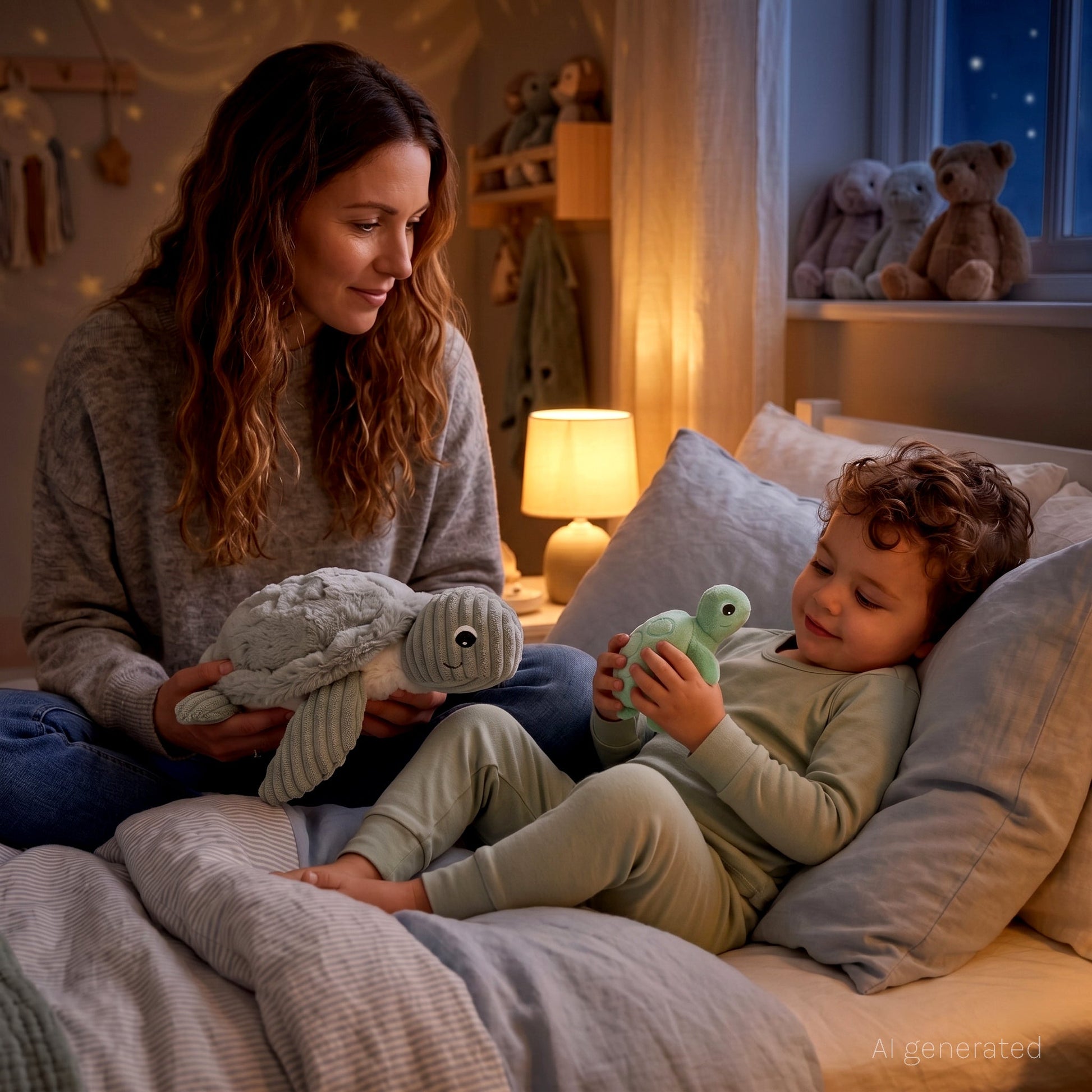 Peluche tortue Sauvenou maman et son bébé bleu aqua – Les Ptipotos – vue 2