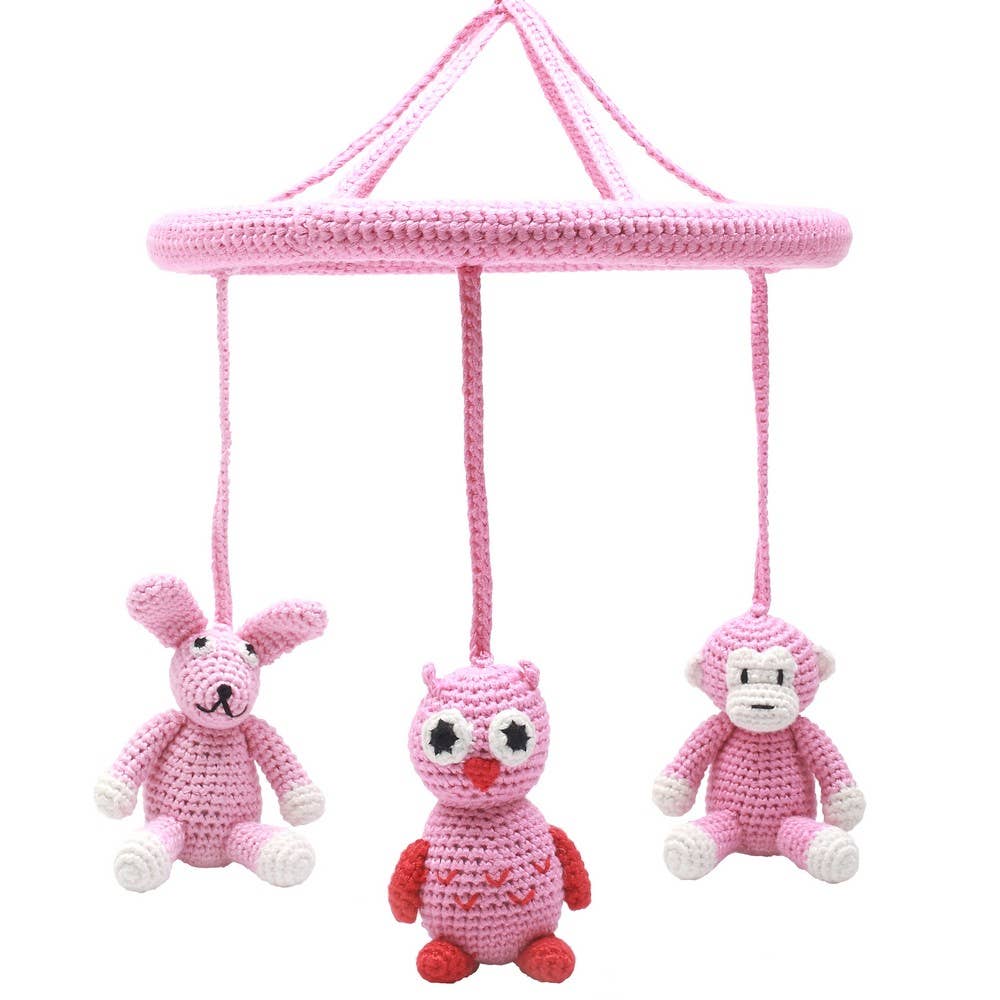 Mobile with monkey, owl and rabbit (pink)