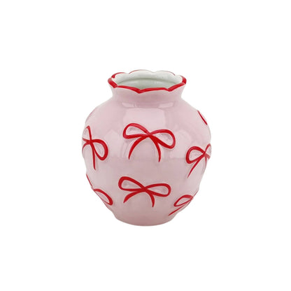Vaas - Bloemenvaas met linten - Lichtroze/rood - 13x13x14 cm