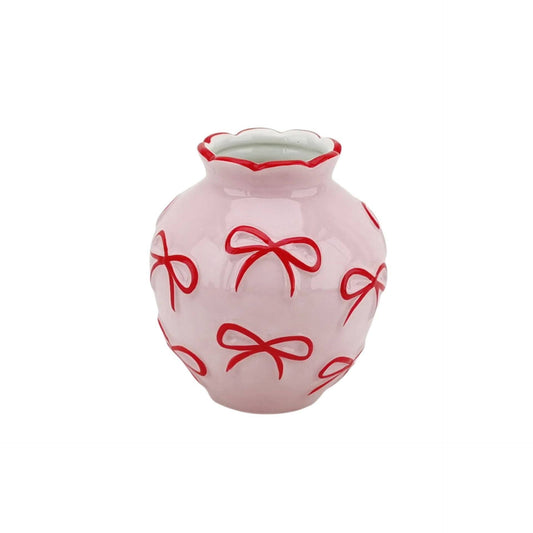 Jarrón - Jarrón de flores con cintas - Rosa claro/Rojo - 13x13x14cm
