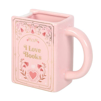 “I Love Books” Book Shaped Mug Pink