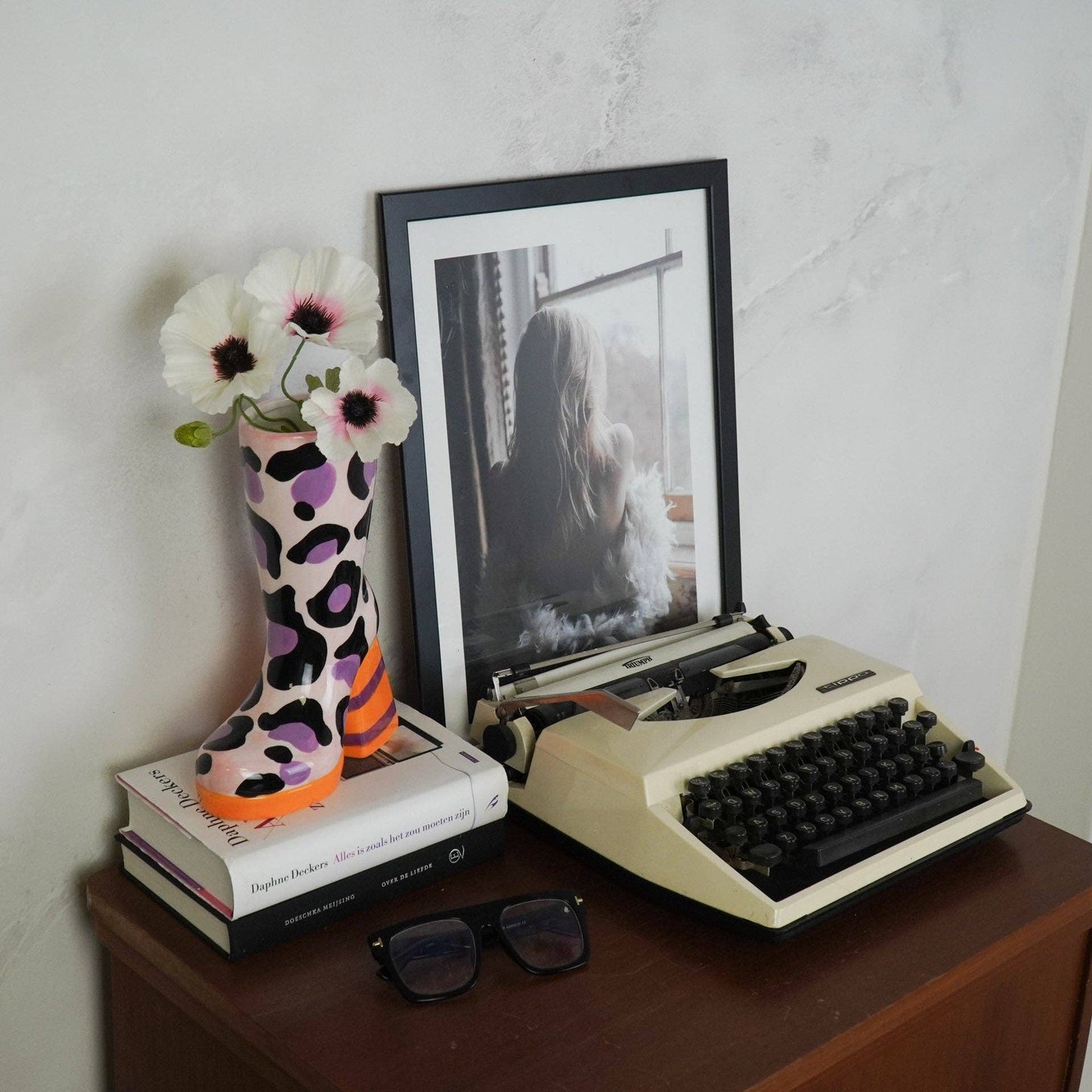 Leopard Print Boot Vase - Pink/Orange