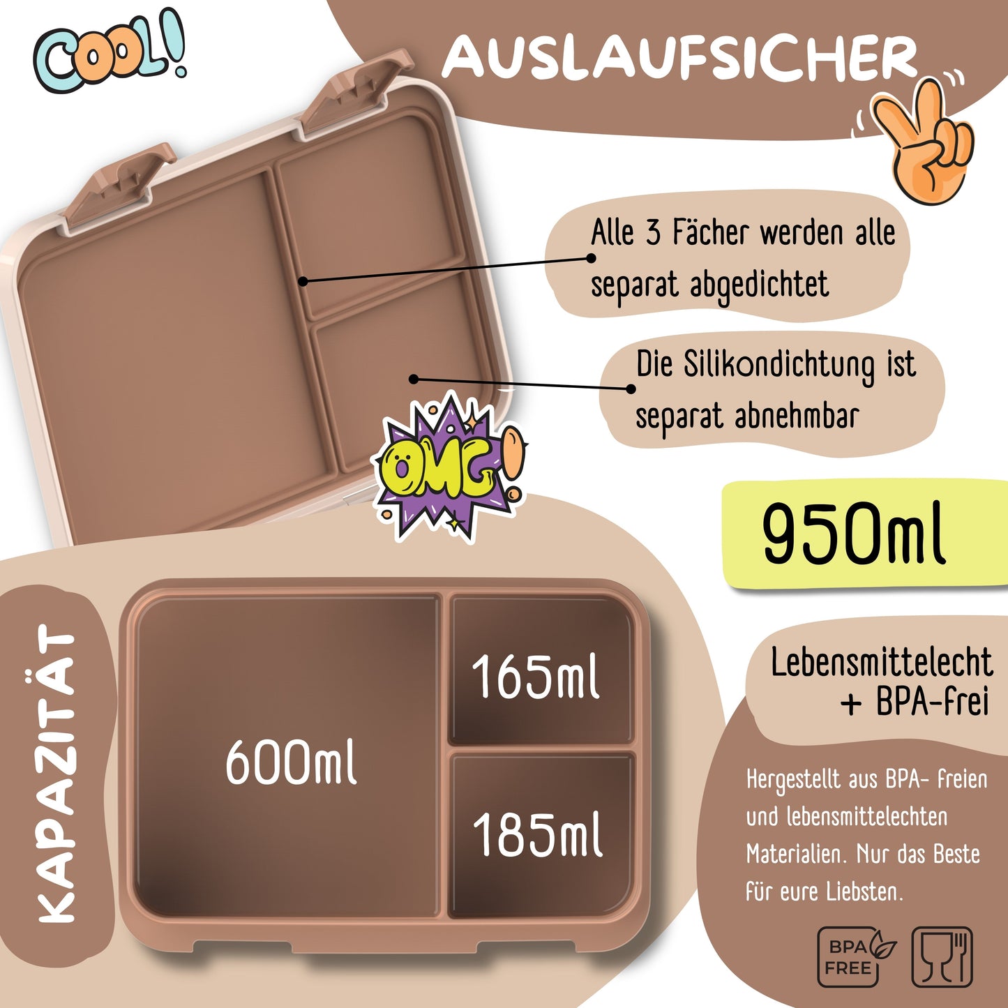 Brotdose mit Fächern, leicht & auslaufsicher - Dino braun