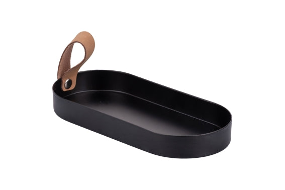 BLACK METAL TRAY/LEATHER HANDLE - 5926336