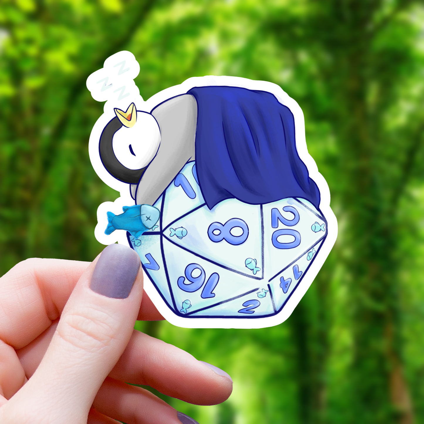 Pegatina de pingüino durmiendo en una D20