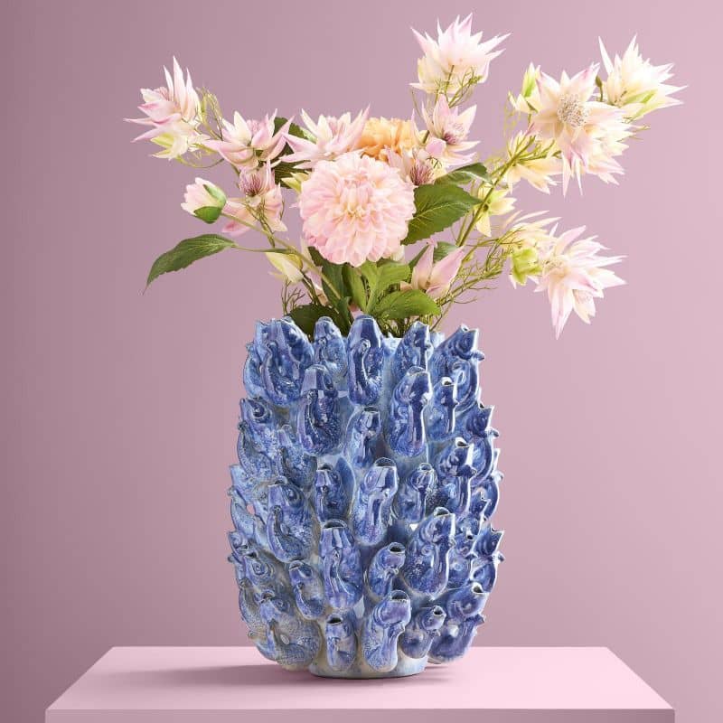 Vase banc de poissons, grès bleu, 24 x 24 x 32 cm