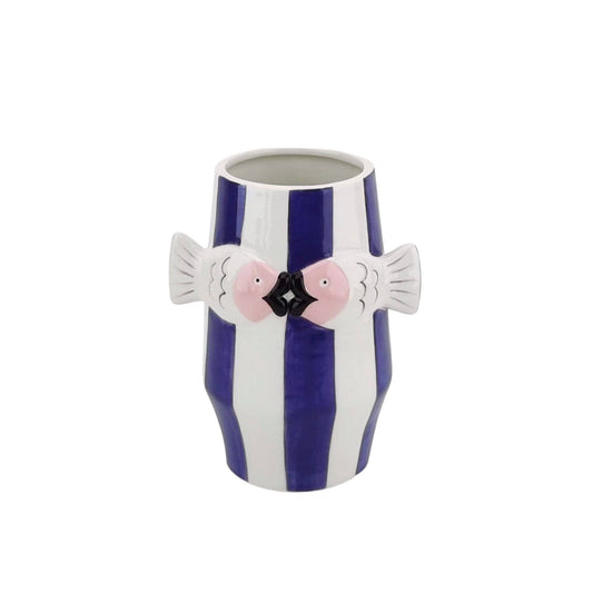 Jarrón - Jarrón con forma de pez - Azul/Blanco/Rosa - 14 x 11,5 x 18,5 cm