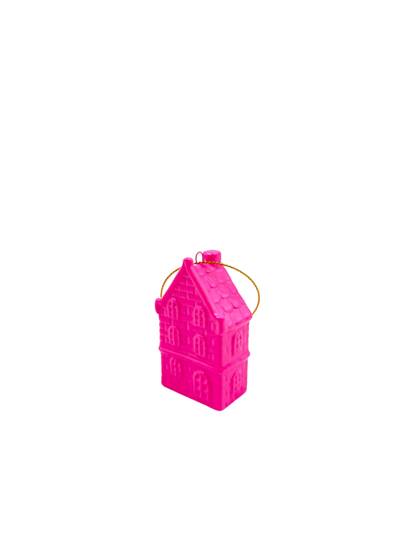 Kersthanger - Huisje - Keramiek - Fluorescerend roze - 3,5 x 2 x 6,5 cm