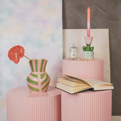 Vase - Rayures - Grès - Vert/Rose - 16x16x22cm