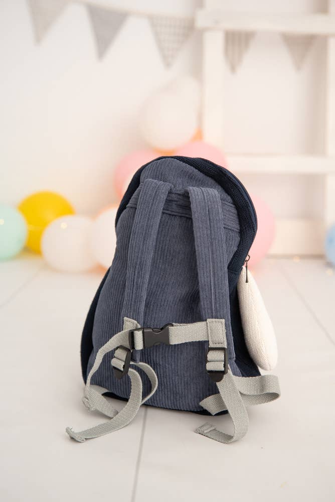 Zaino all'uncinetto a forma di pinguino – blu e bianco