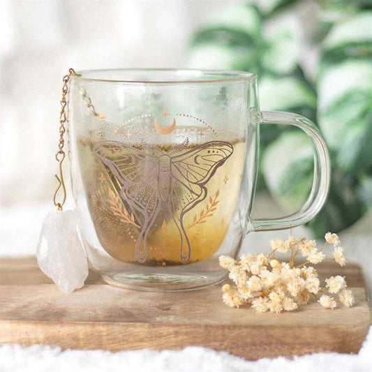 Double-walled glass mug with crystal tea infuser and moon butterfly design