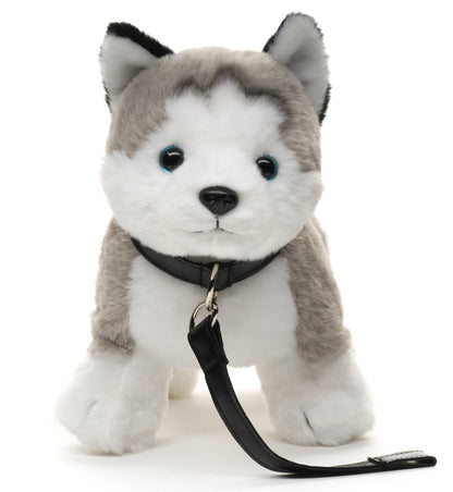 Grijze husky pluche knuffel, staand (met riem)