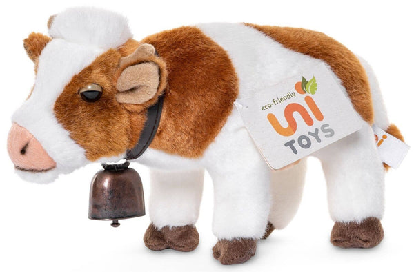 Peluche vache blanche brune debout avec grelot Uni Toys
