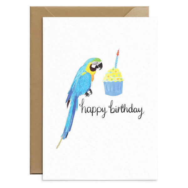 Biglietto di auguri di compleanno con pappagallo ara blu