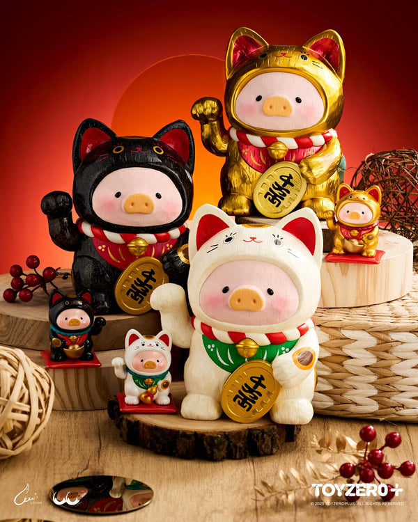 LuLu le Cochonnet - Maneki Lu (chat noir) — sculpture en bois 18cm