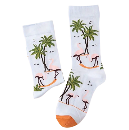 chaussettes flamants roses palmiers