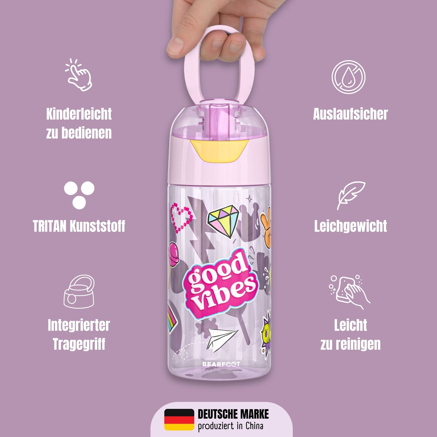 Trinkflasche Kinder, leichte Wasserflasche - Sticker lila