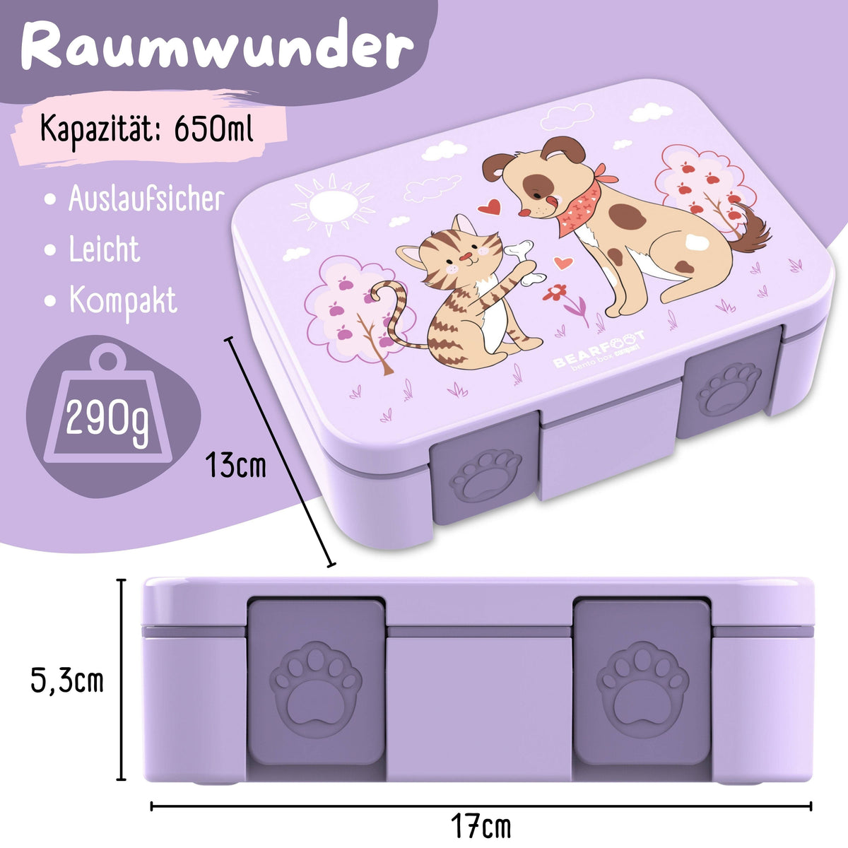 Brotdose mit Fächern, auslaufsicher - Hund & Katze lila