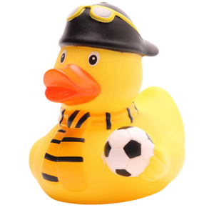 Pato amarelo e preto adepto de futebol