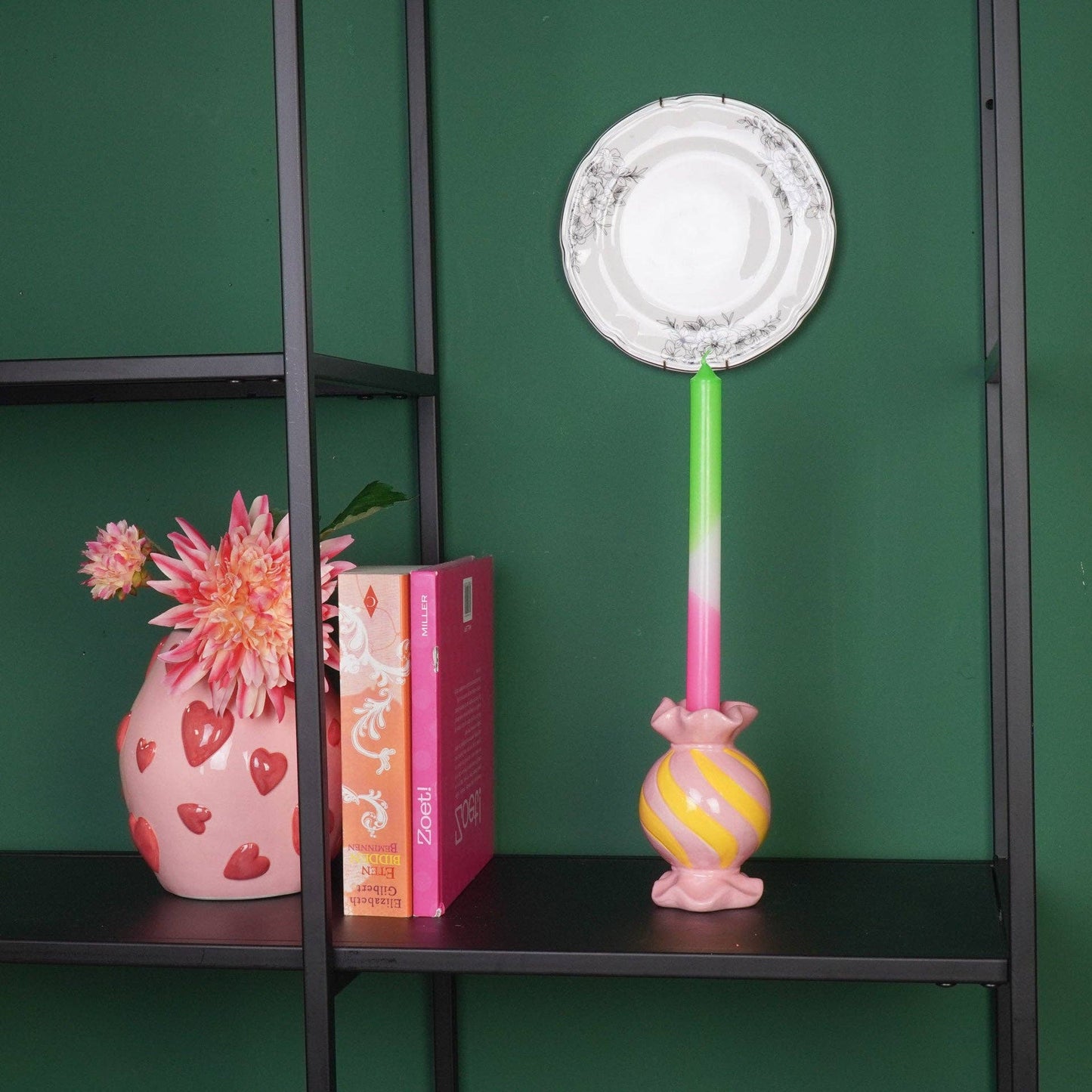 Kandelaar - Toffee Candy - Keramiek - Roze/Geel - 8,5x8,5x13 cm